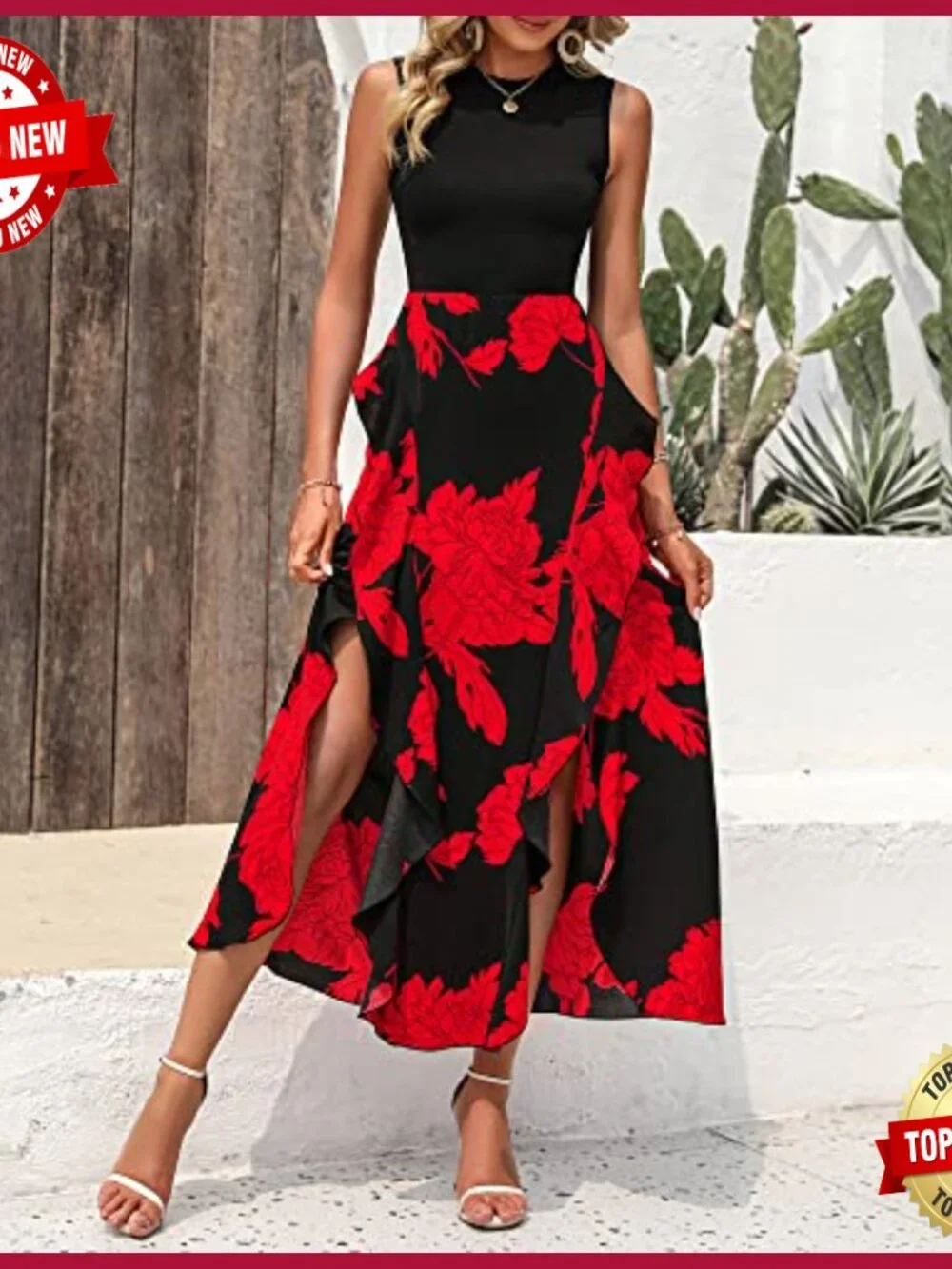 Sleeveless Midi Dress Floral Ruffle A-Line High Waist Casual Party - Picture 3 of 7